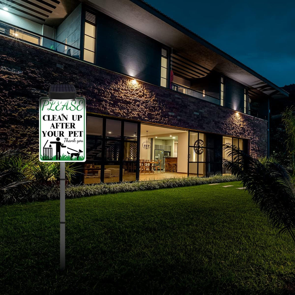 PLEASE CLEAN UP AFTER YOUR PET Sign with Solar Light for Home, Rechargeable LED Illuminated Aluminum Sign with Stake, Reflective Outside Security Sign Light Up For Houses