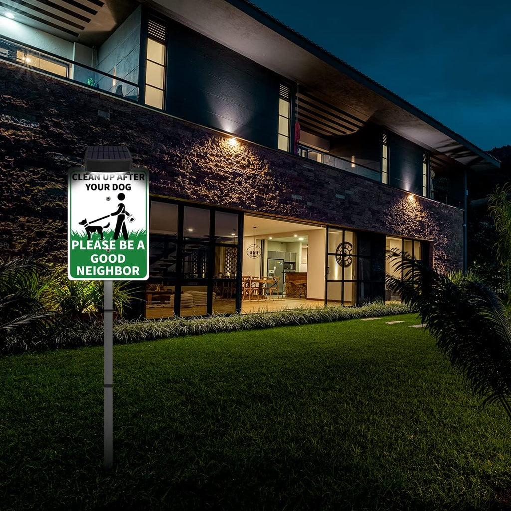 CLEAN UP AFTER YOUR PET Yard Warning Sign Solar Powered, Rechargeable LED Illuminated Aluminum Sign with Stake, Reflective Outside Sign Light Up For Houses