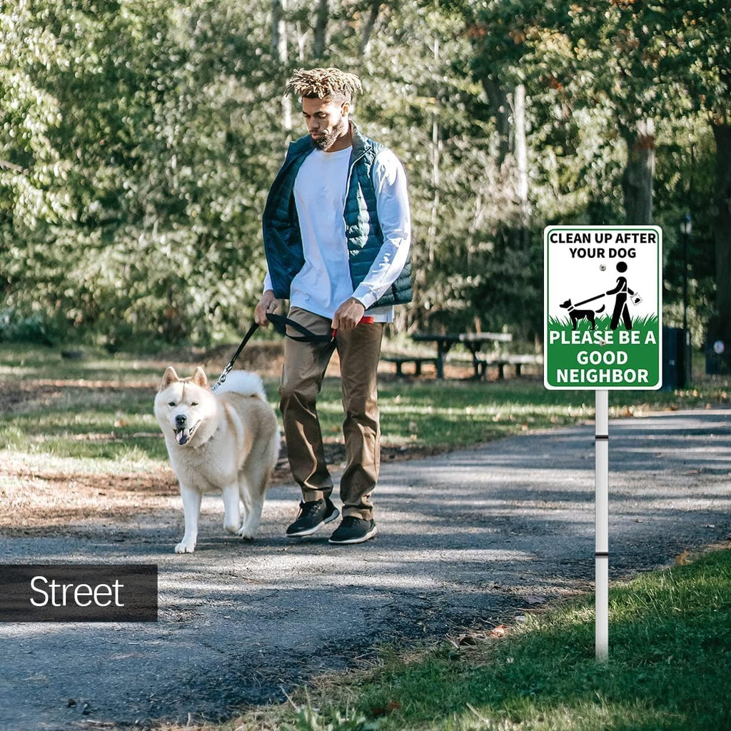 CLEAN UP AFTER YOUR DOG Reflective Yard Warning Sign, Aluminum outdoor Security Sign with Stakes, Anti-UV, Rustproof, Waterproof, 9 * 7inch