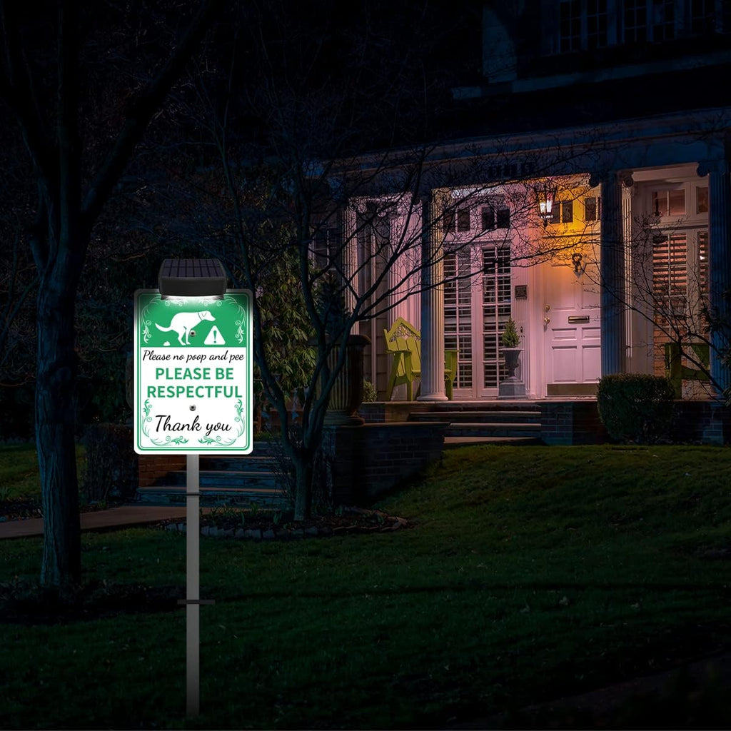 NO POOP Yard Warning Sign Solar Powered, Rechargeable LED Illuminated Aluminum Sign with Stake, Reflective Outside Sign Light Up For Houses