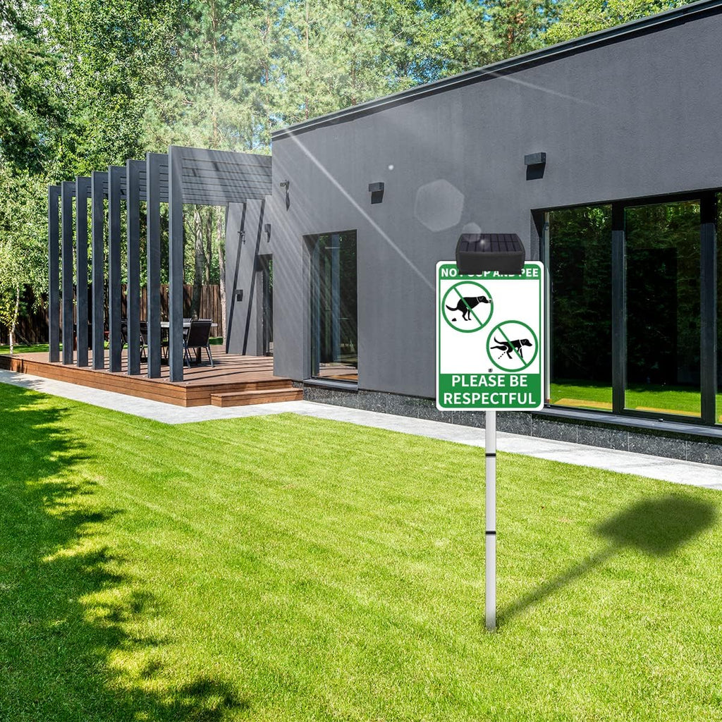 NO POOP Yard Warning Sign Solar Powered, Rechargeable LED Illuminated Aluminum Sign with Stake, Reflective Outside Security Sign Light Up For Houses