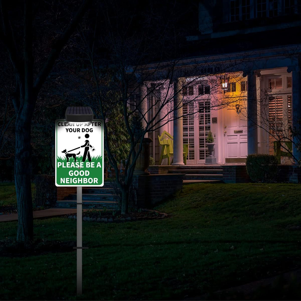 CLEAN UP AFTER YOUR PET Yard Warning Sign Solar Powered, Rechargeable LED Illuminated Aluminum Sign with Stake, Reflective Outside Sign Light Up For Houses