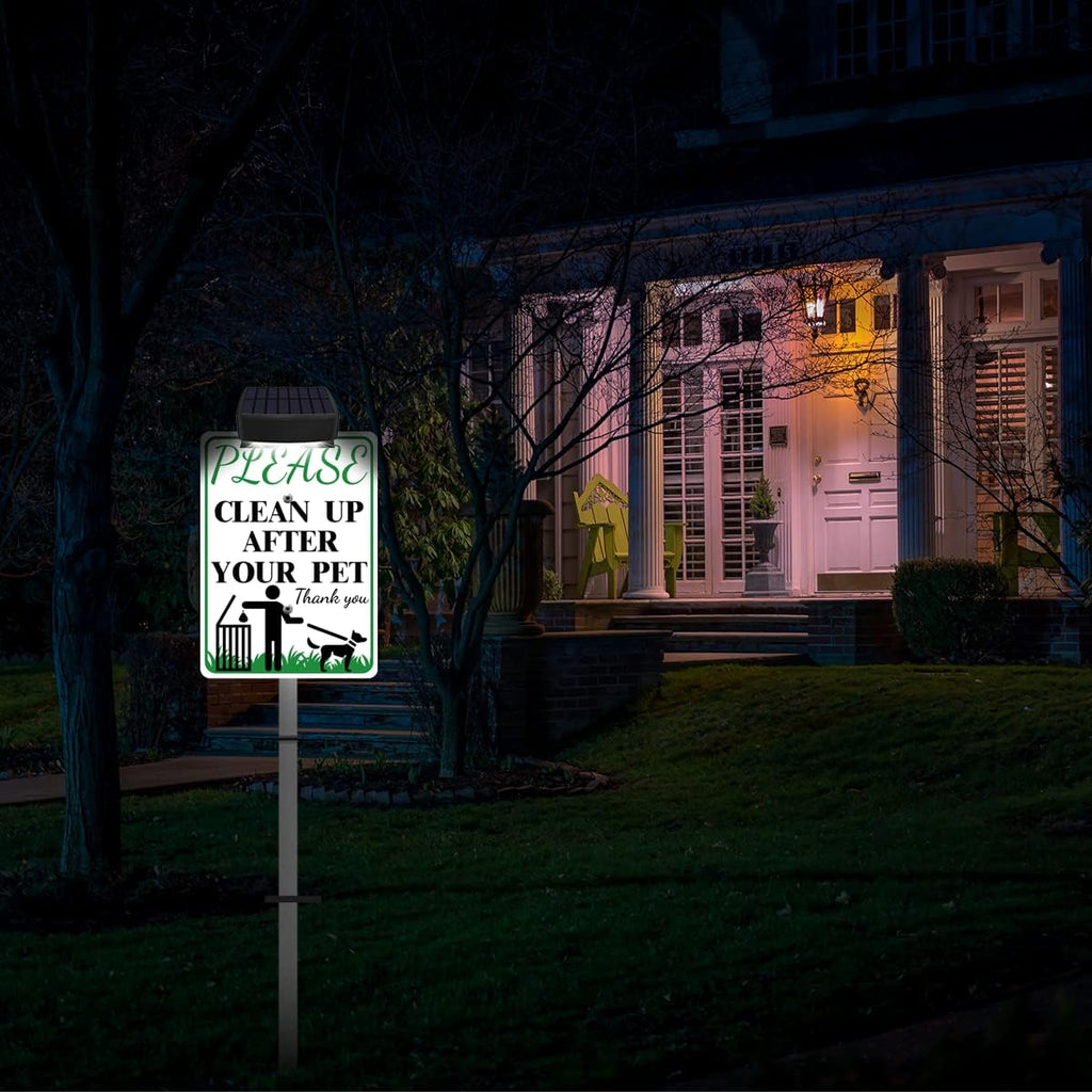 PLEASE CLEAN UP AFTER YOUR PET Sign with Solar Light for Home, Rechargeable LED Illuminated Aluminum Sign with Stake, Reflective Outside Security Sign Light Up For Houses