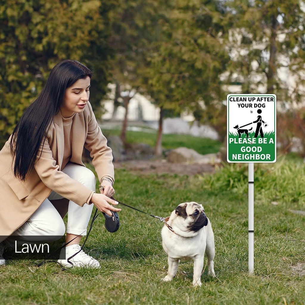 CLEAN UP AFTER YOUR DOG Reflective Yard Warning Sign, Aluminum outdoor Security Sign with Stakes, Anti-UV, Rustproof, Waterproof, 9 * 7inch