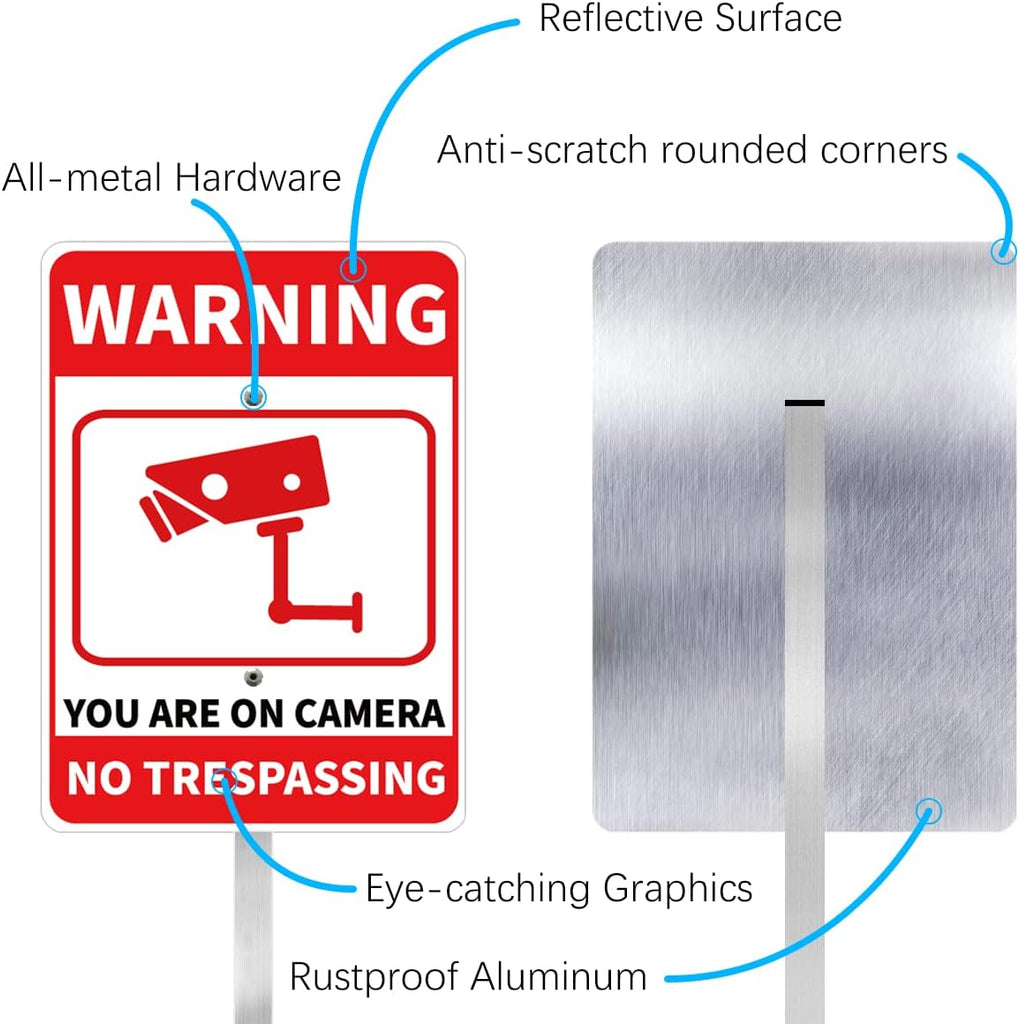 No Trespassing Sign For Private Property, Video Surveillance Street Sign, Security Yard Signs metal, Aluminum Home Security Sign with Stakes, Camera, Beware, 10x7 Inch"