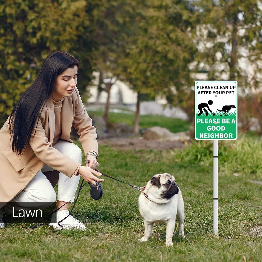 PLEASE CLEAN UP AFTER YOUR PET Reflective Yard Warning Sign, Aluminum outdoor Security Sign with Stakes, Anti-UV, Rustproof, Waterproof, 10 * 7inch