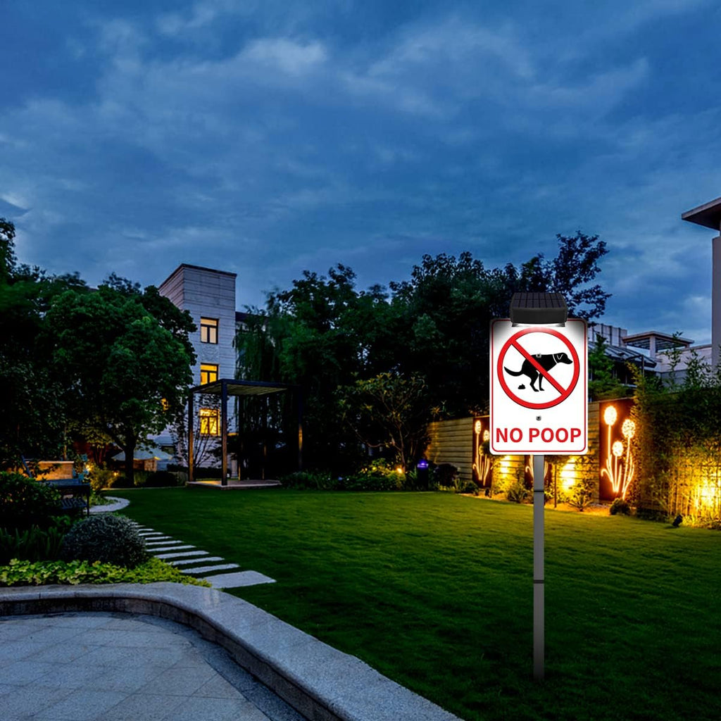 NO POOP Yard Warning Sign Solar Powered, Rechargeable LED Illuminated Aluminum Sign with Stake, Reflective Outside Sign Light Up For Houses