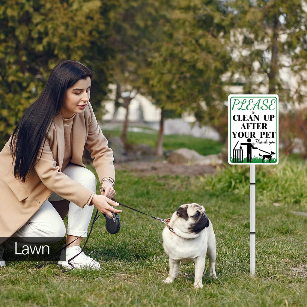 CLEAN UP AFTER OUR PETNO POOP Reflective Yard Warning Sign, Aluminum outdoor Security Sign with Stakes, Anti-UV, Rustproof, Waterproof, 9*7inch