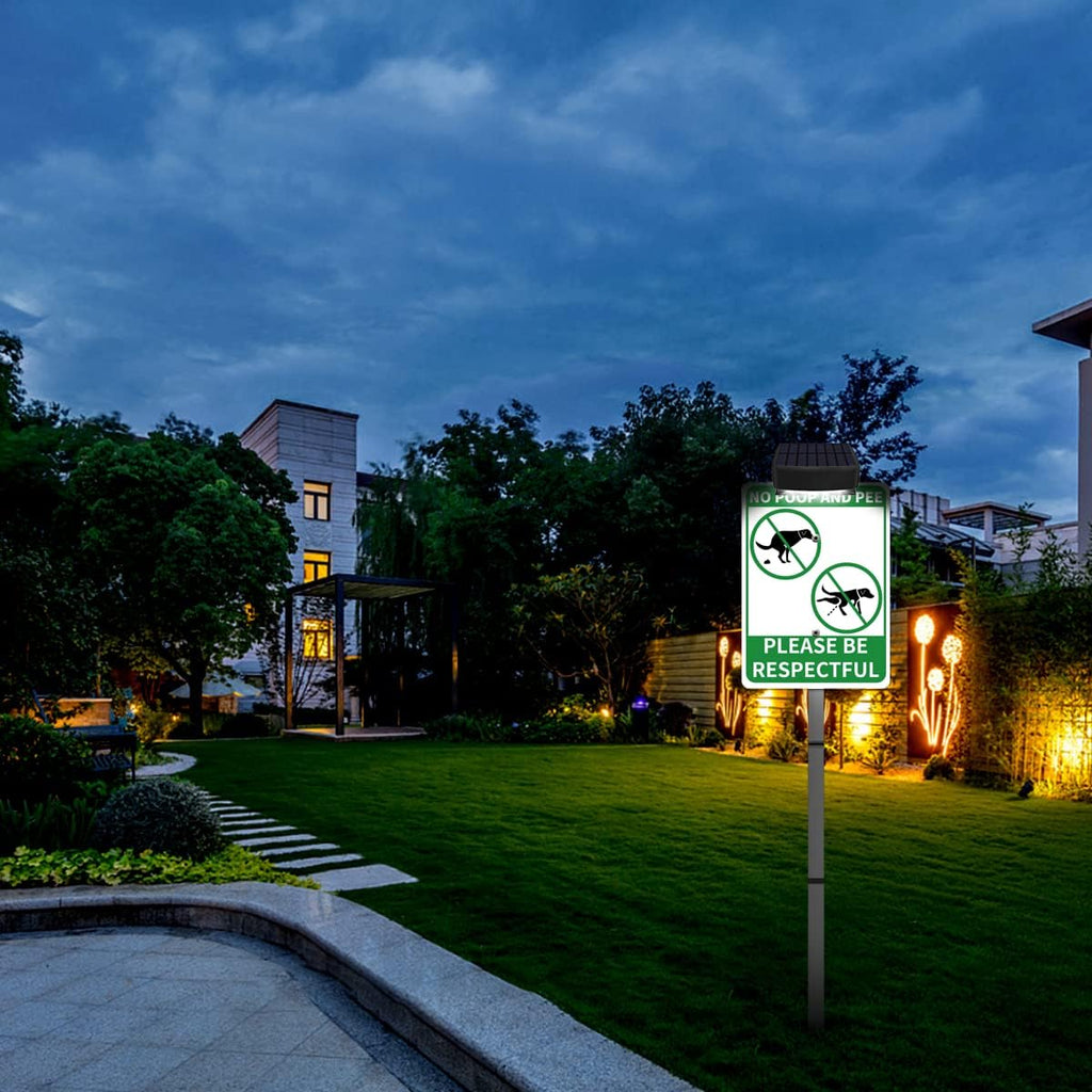 NO POOP Yard Warning Sign Solar Powered, Rechargeable LED Illuminated Aluminum Sign with Stake, Reflective Outside Security Sign Light Up For Houses