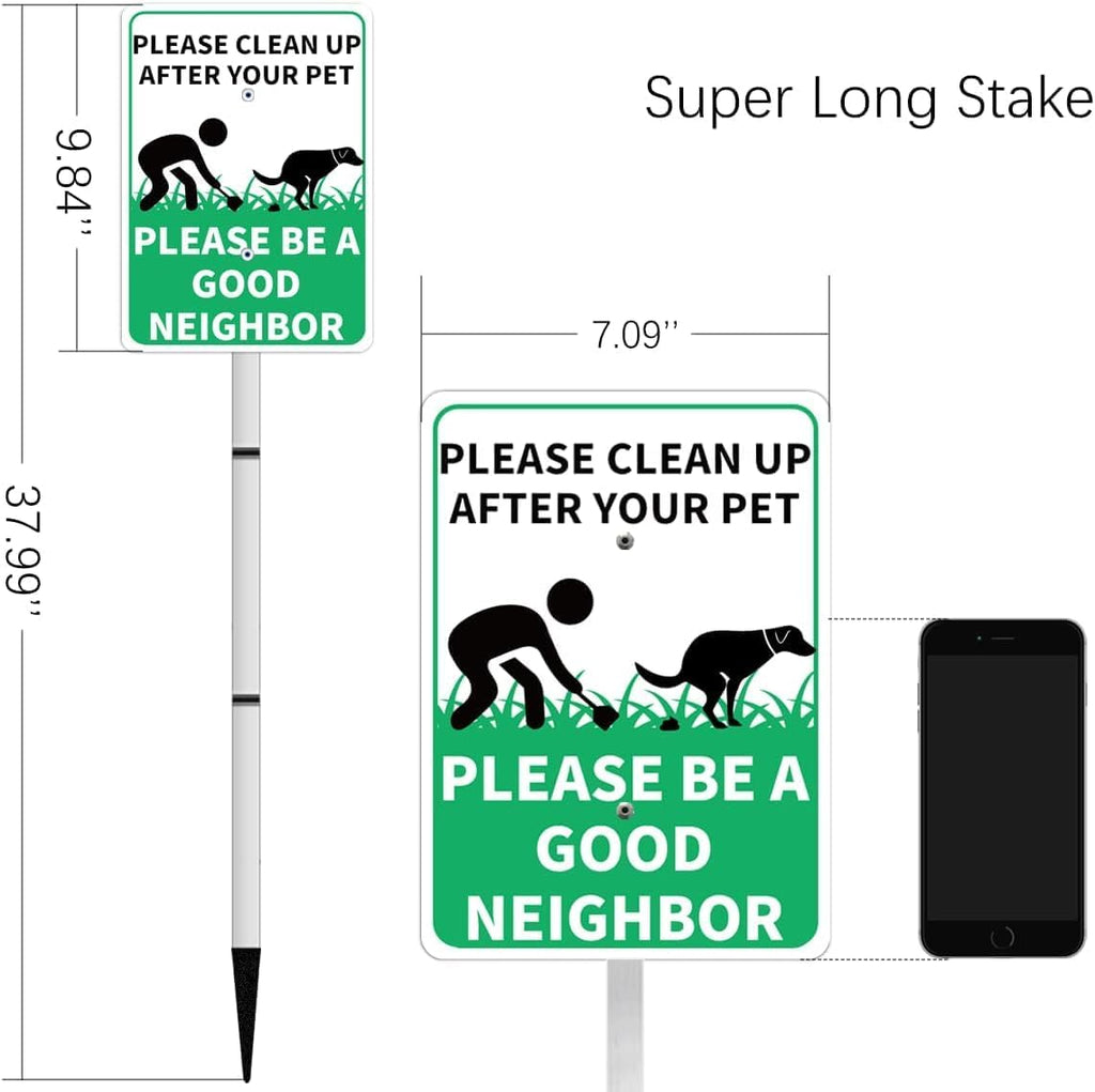 PLEASE CLEAN UP AFTER YOUR PET Reflective Yard Warning Sign, Aluminum outdoor Security Sign with Stakes, Anti-UV, Rustproof, Waterproof, 10 * 7inch