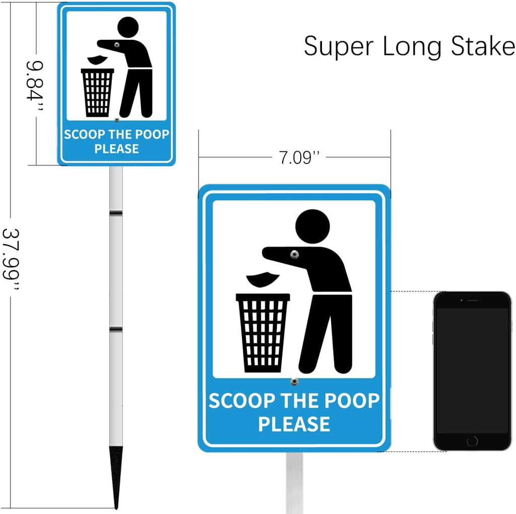 SCOOP THE POOP PLEASE Reflective Yard Warning Sign, Aluminum outdoor Security Sign with Stakes, Anti-UV, Rustproof, Waterproof, 10 * 7inch