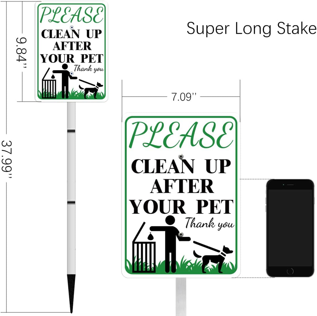 CLEAN UP AFTER OUR PETNO POOP Reflective Yard Warning Sign, Aluminum outdoor Security Sign with Stakes, Anti-UV, Rustproof, Waterproof, 9*7inch