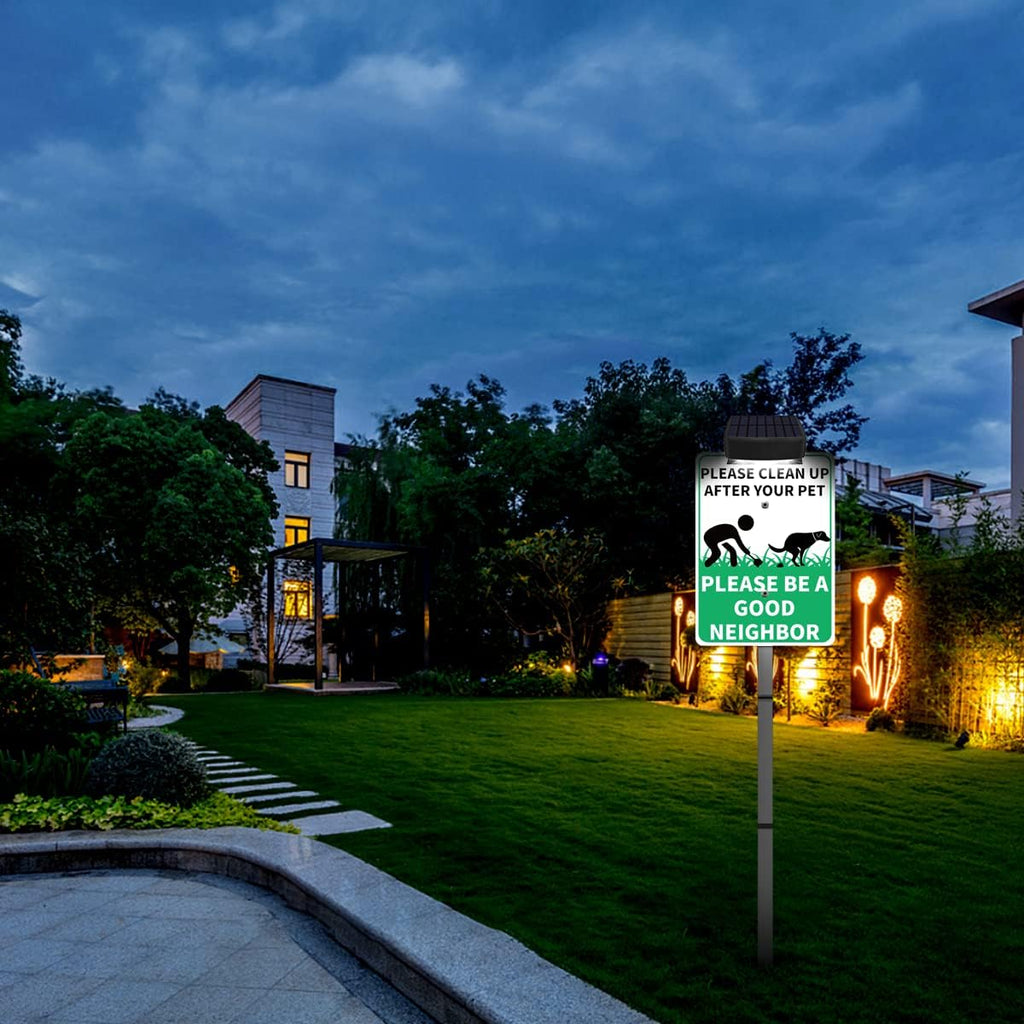 PLEASE CLEAN UP AFTER YOUR PET Yard Warning Sign Solar Powered, Rechargeable LED Illuminated Aluminum Sign with Stake, Reflective Outside Sign Light Up For Houses