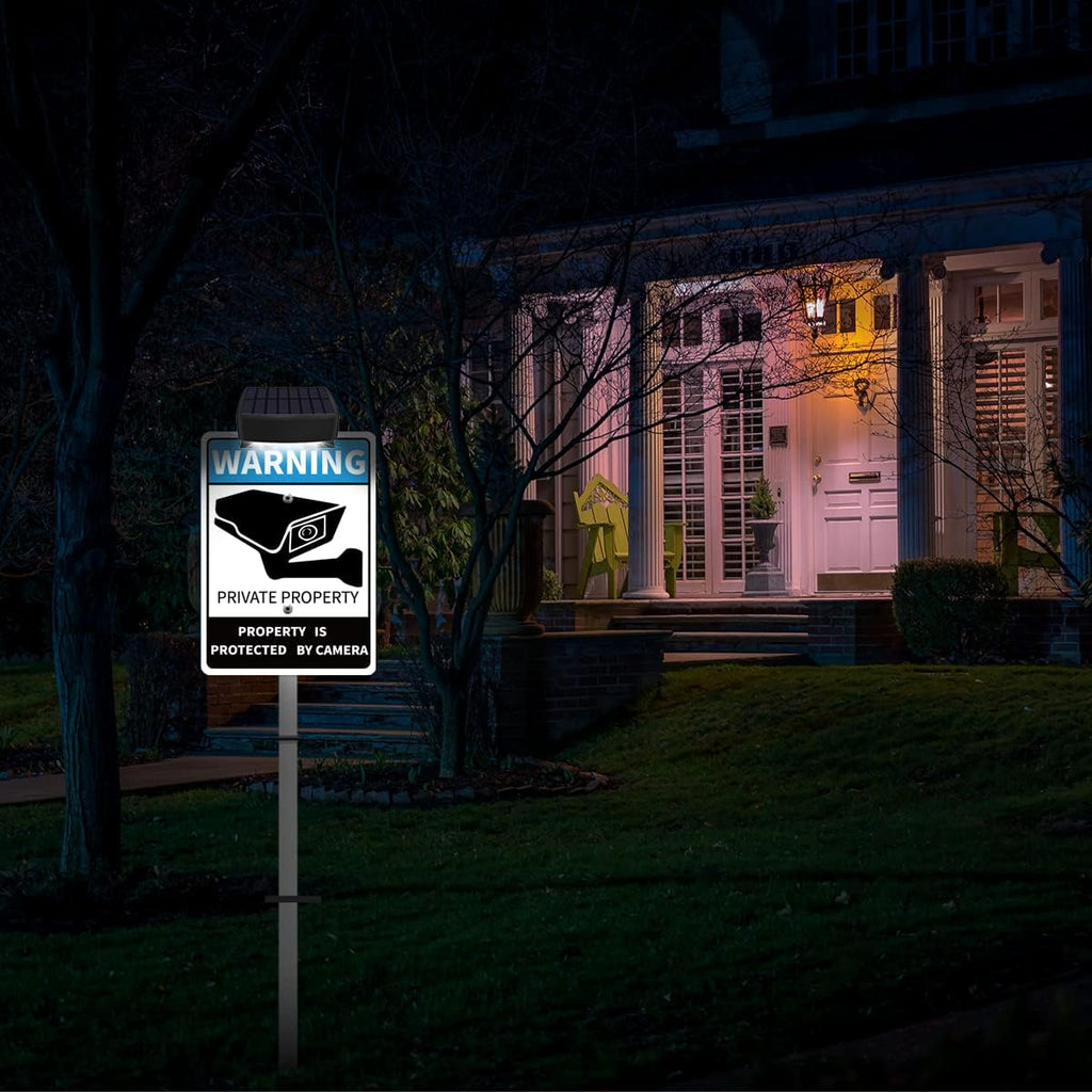 No SOLICITING Yard Warning Sign Solar Powered, Rechargeable LED Illuminated Aluminum Video Surveillance Sign with Stake, Reflective Outside Security Sign Light Up For Houses