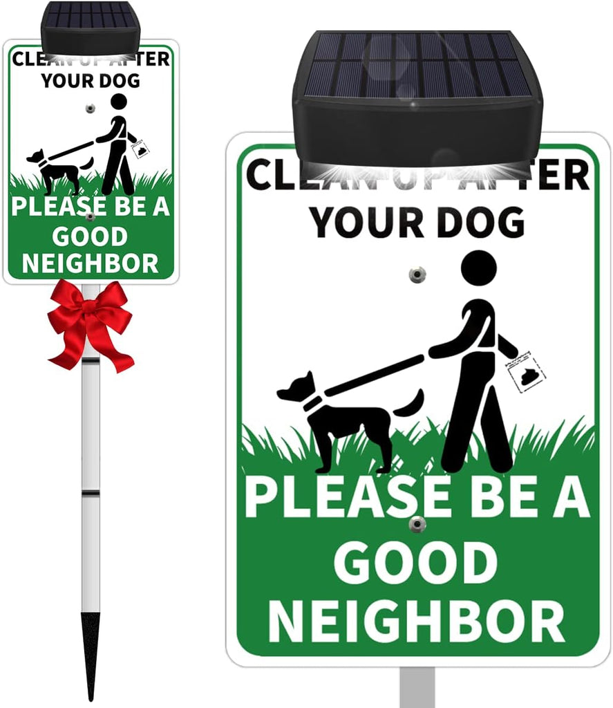 CLEAN UP AFTER YOUR PET Yard Warning Sign Solar Powered, Rechargeable LED Illuminated Aluminum Sign with Stake, Reflective Outside Sign Light Up For Houses