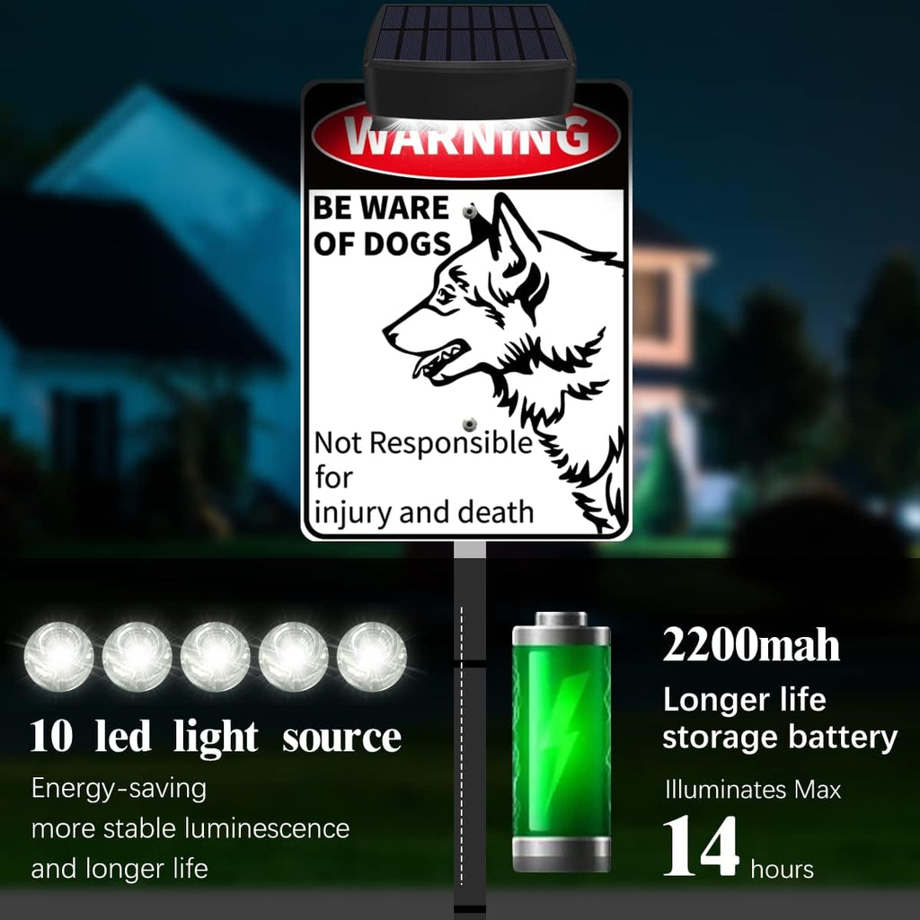 Beware of Dog Sign Solar Powered,Funny Dog Warning Signs for Private Property,Reflective yard signs with stakes,Aluminum Metal Sign,Dogs on Premises Sign,Security Street Sign 10x7 Inches