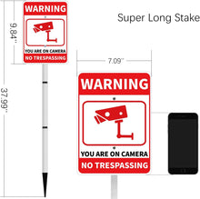 Load image into Gallery viewer, No Trespassing Sign For Private Property, Video Surveillance Street Sign, Security Yard Signs metal, Aluminum Home Security Sign with Stakes, Camera, Beware, 10x7 Inch&quot;