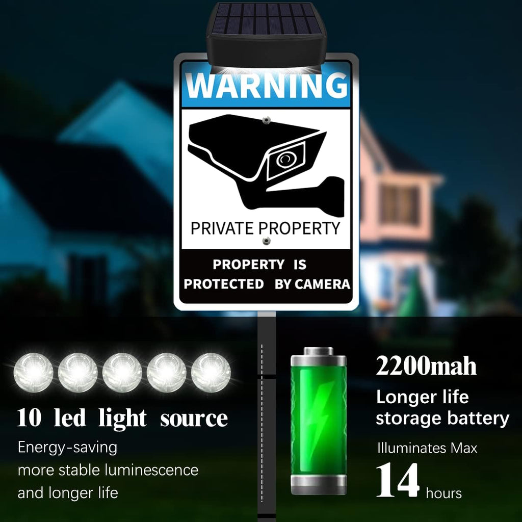 No SOLICITING Yard Warning Sign Solar Powered, Rechargeable LED Illuminated Aluminum Video Surveillance Sign with Stake, Reflective Outside Security Sign Light Up For Houses