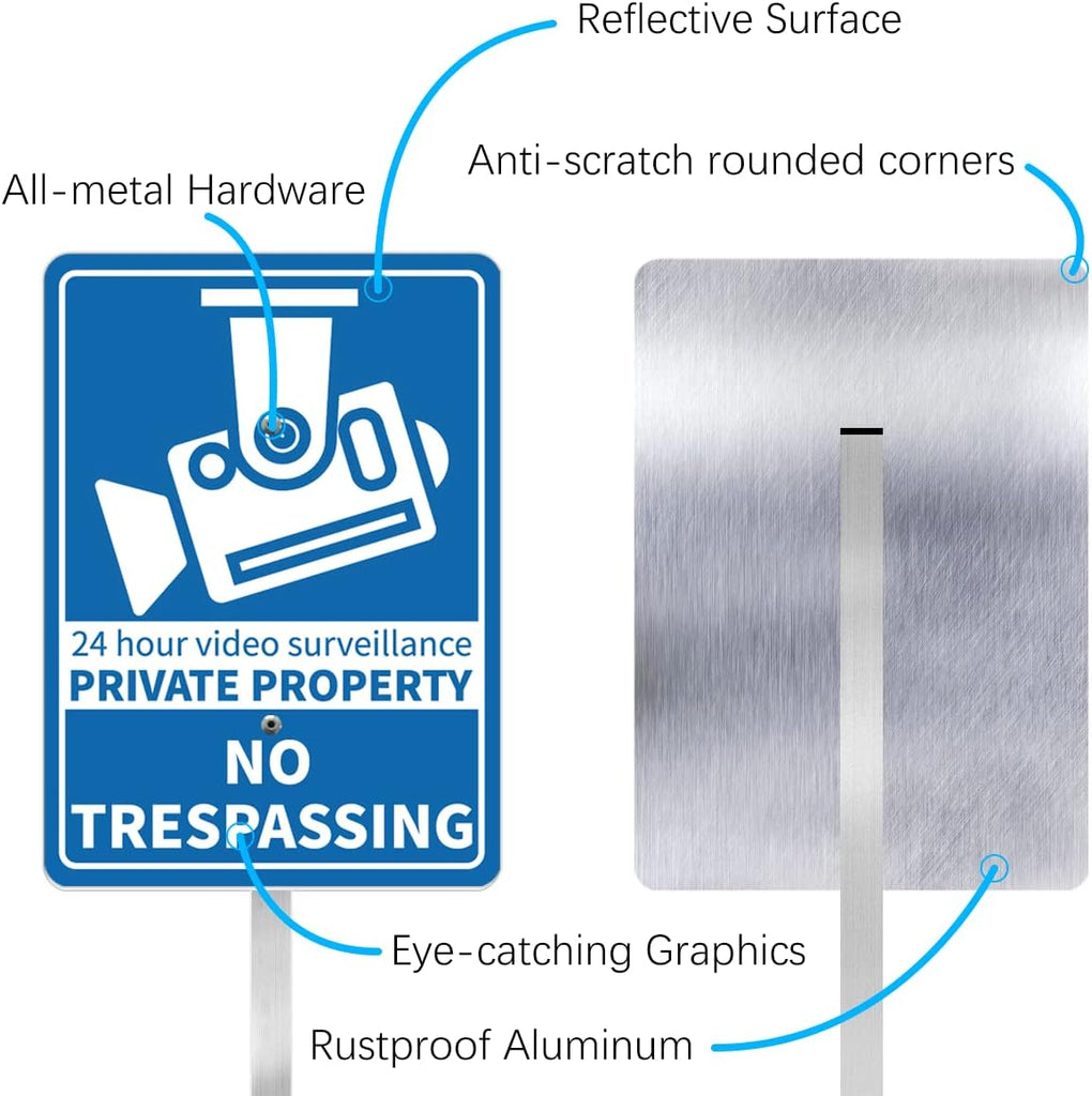 No Trespassing Reflective Video Surveillance Yard Sign, Aluminum Home Security Sign with Stakes, Anti-UV, Rustproof, Waterproof, 9*7inch