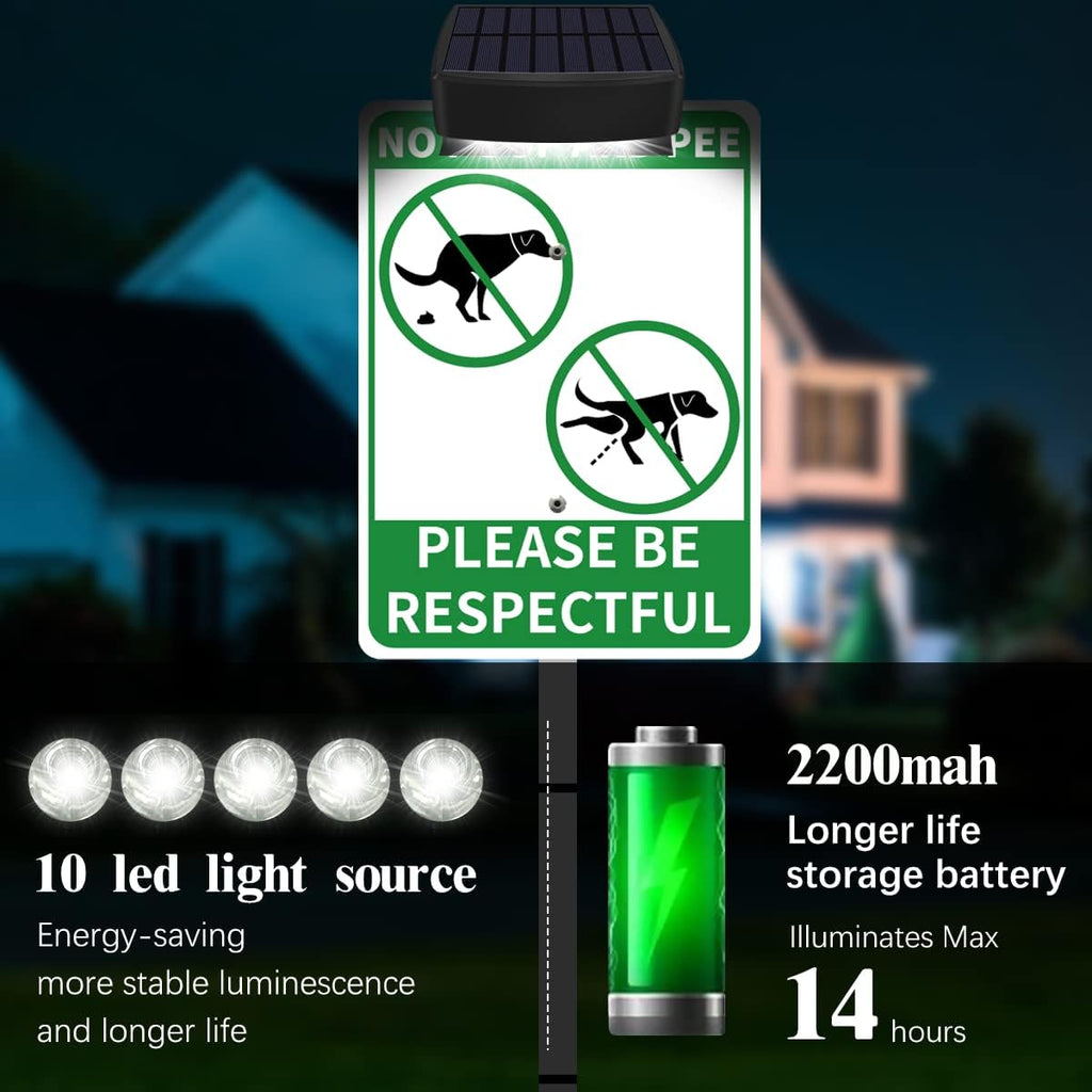 NO POOP Yard Warning Sign Solar Powered, Rechargeable LED Illuminated Aluminum Sign with Stake, Reflective Outside Security Sign Light Up For Houses