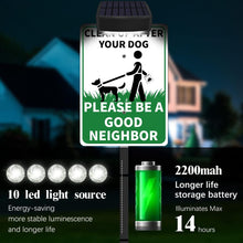 Load image into Gallery viewer, CLEAN UP AFTER YOUR PET Yard Warning Sign Solar Powered, Rechargeable LED Illuminated Aluminum Sign with Stake, Reflective Outside Sign Light Up For Houses