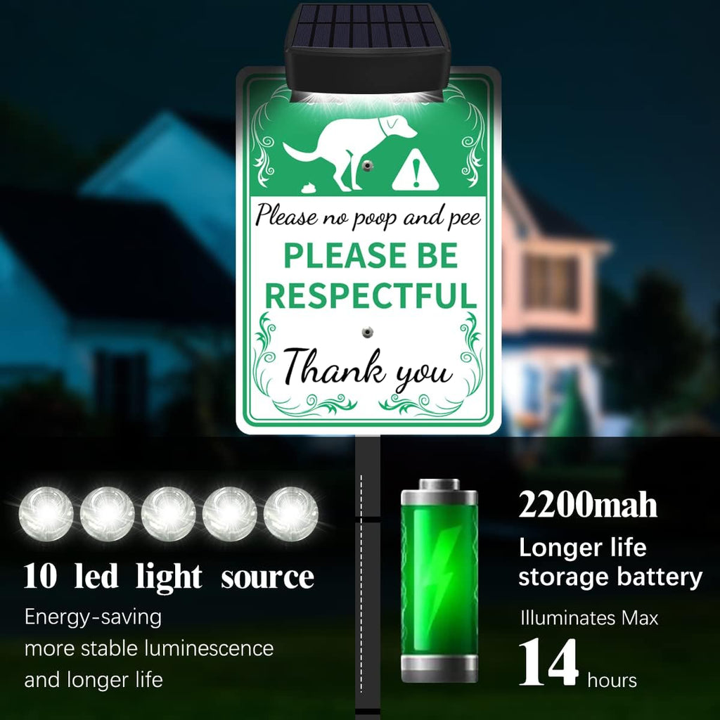 NO POOP Yard Warning Sign Solar Powered, Rechargeable LED Illuminated Aluminum Sign with Stake, Reflective Outside Sign Light Up For Houses