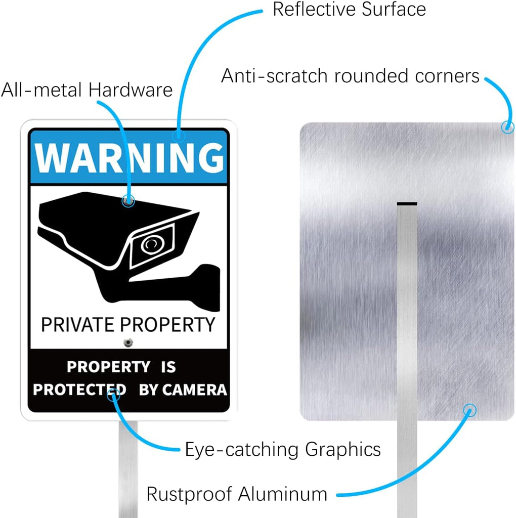 PRIVATE PROPERTY Reflective Video Surveillance Yard Sign, Aluminum Home Security Sign with Stakes, Anti-UV, Rustproof, Waterproof, 9*7inch