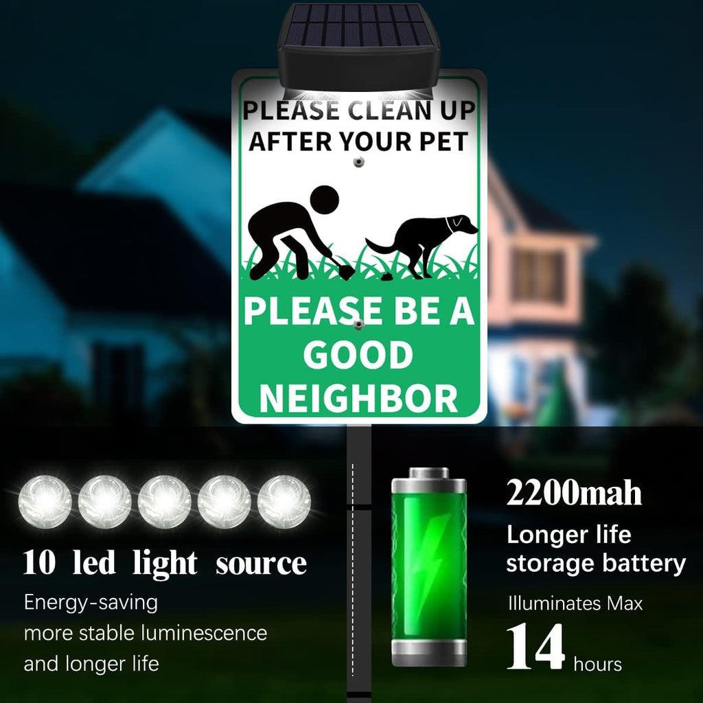 PLEASE CLEAN UP AFTER YOUR PET Yard Warning Sign Solar Powered, Rechargeable LED Illuminated Aluminum Sign with Stake, Reflective Outside Sign Light Up For Houses