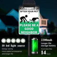 Load image into Gallery viewer, PLEASE CLEAN UP AFTER YOUR PET Yard Warning Sign Solar Powered, Rechargeable LED Illuminated Aluminum Sign with Stake, Reflective Outside Sign Light Up For Houses