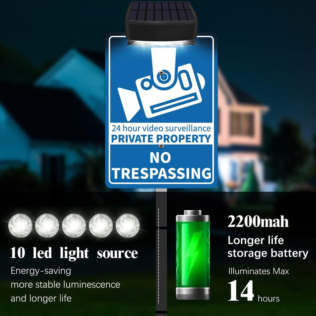 Solar No Trespassing Sign For Private Property, Video Surveillance Street Sign, Security Yard Signs metal, Aluminum Home Security Sign with Stakes, Camera, Beware, 10x7 Inch"