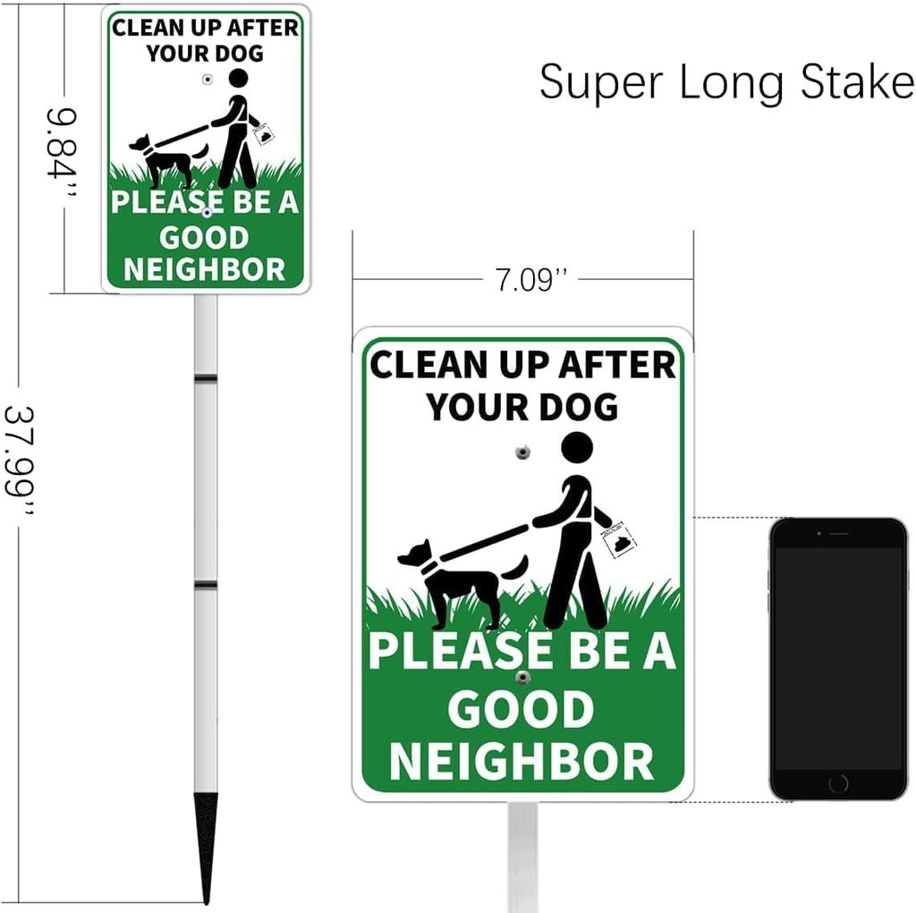 CLEAN UP AFTER YOUR DOG Reflective Yard Warning Sign, Aluminum outdoor Security Sign with Stakes, Anti-UV, Rustproof, Waterproof, 9 * 7inch