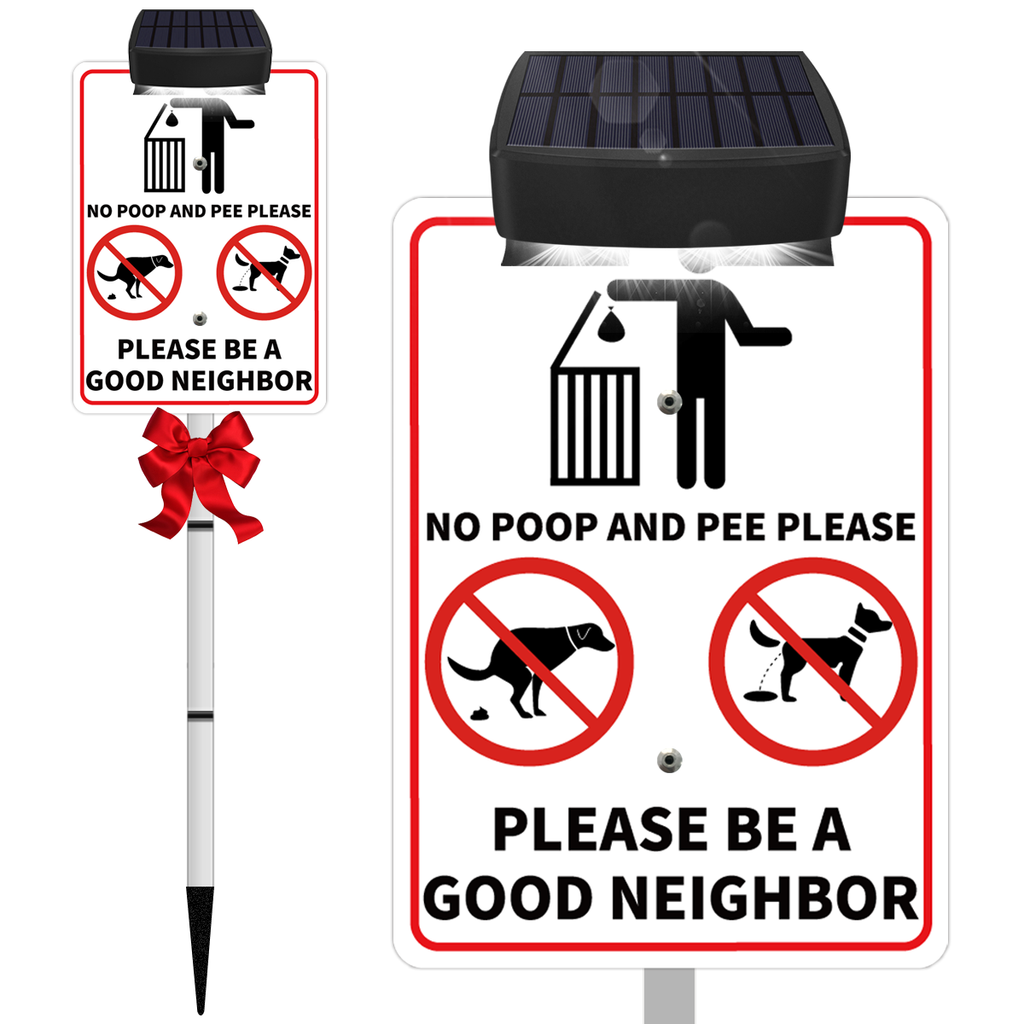 NO POOP Yard Warning Sign Solar Powered, Outdoor Rechargeable LED Illuminated Aluminum Sign with Stake, Reflective Outside Sign Light Up For Houses