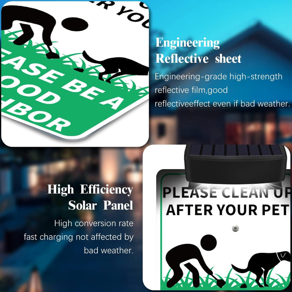 PLEASE CLEAN UP AFTER YOUR PET Yard Warning Sign Solar Powered, Rechargeable LED Illuminated Aluminum Sign with Stake, Reflective Outside Sign Light Up For Houses