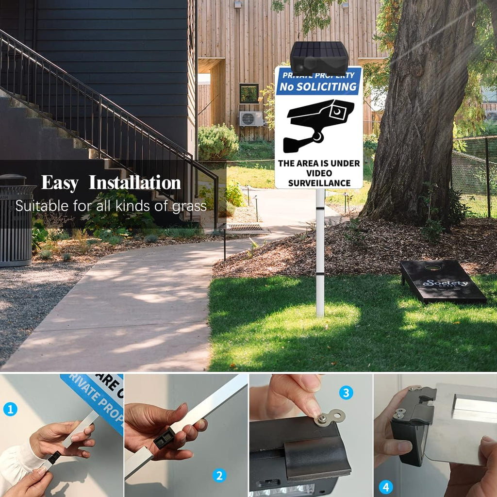 No SOLICITING Yard Warning Sign Solar Powered, Rechargeable LED Illuminated Aluminum Video Surveillance Sign with Stake, Reflective Outside Security Sign Light Up For Houses