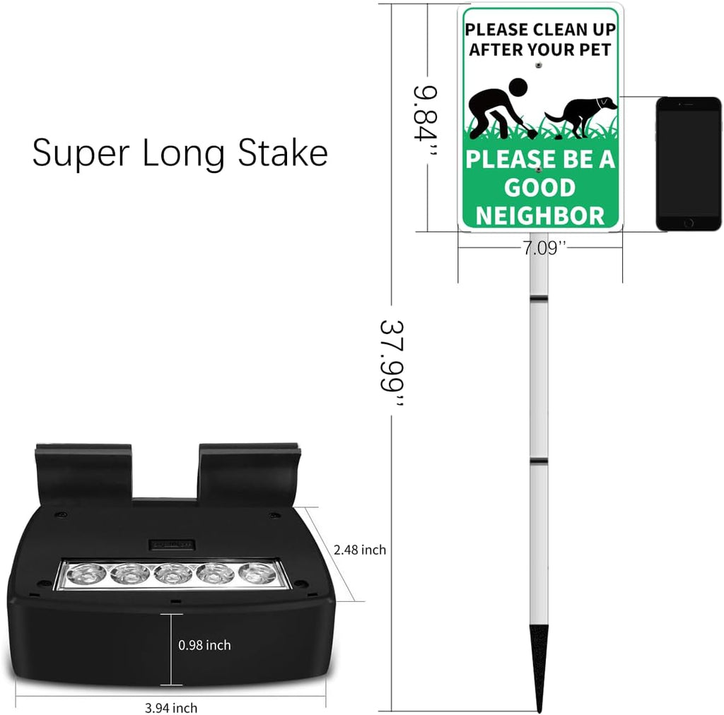 PLEASE CLEAN UP AFTER YOUR PET Yard Warning Sign Solar Powered, Rechargeable LED Illuminated Aluminum Sign with Stake, Reflective Outside Sign Light Up For Houses