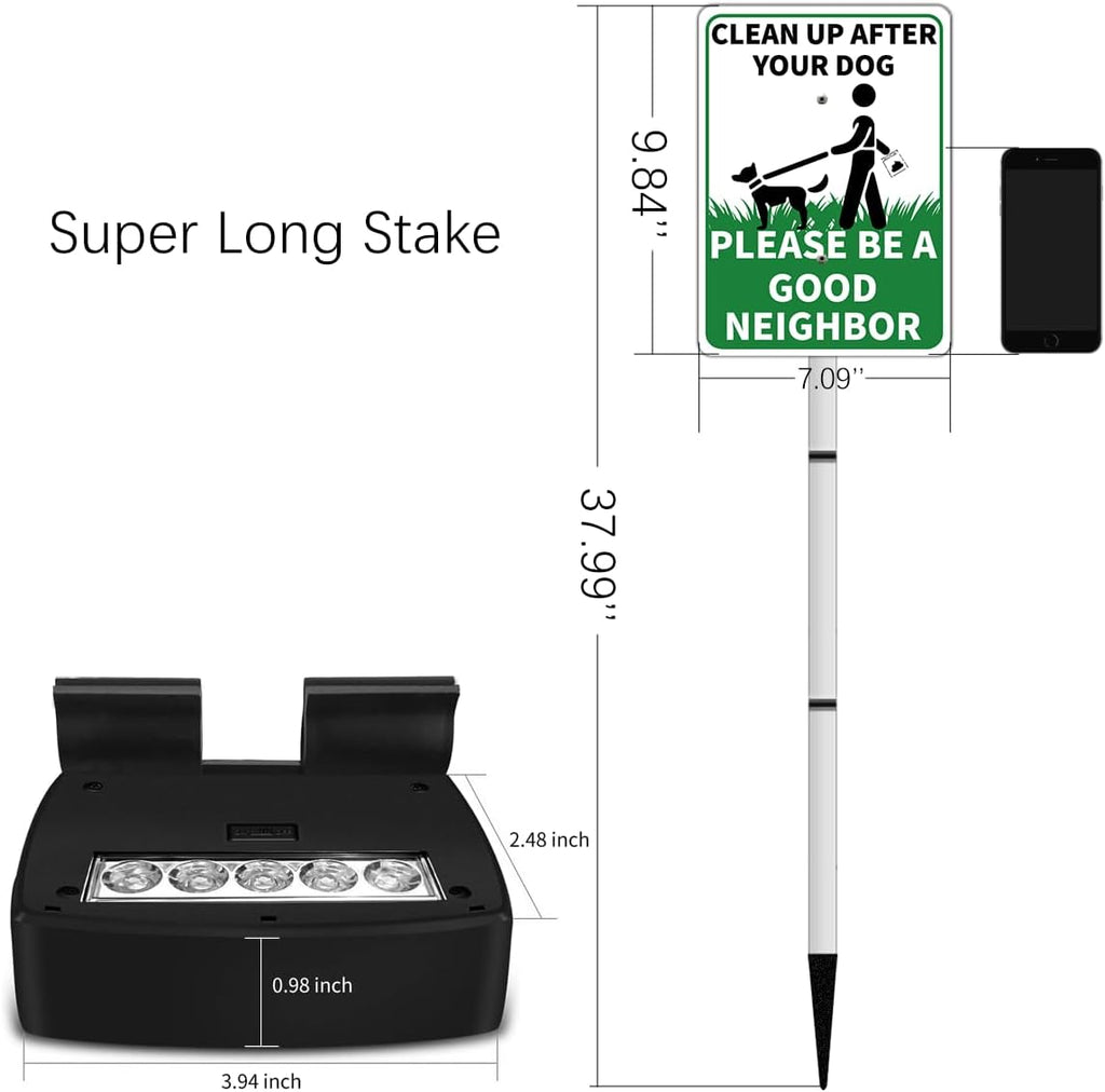 CLEAN UP AFTER YOUR PET Yard Warning Sign Solar Powered, Rechargeable LED Illuminated Aluminum Sign with Stake, Reflective Outside Sign Light Up For Houses