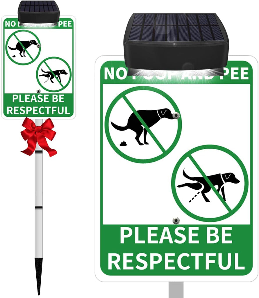 NO POOP Yard Warning Sign Solar Powered, Rechargeable LED Illuminated Aluminum Sign with Stake, Reflective Outside Security Sign Light Up For Houses