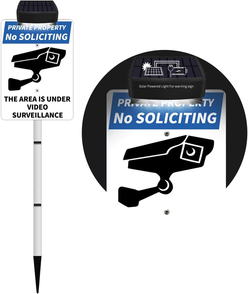 No SOLICITING Yard Warning Sign Solar Powered, Rechargeable LED Illuminated Aluminum Video Surveillance Sign with Stake, Reflective Outside Security Sign Light Up For Houses