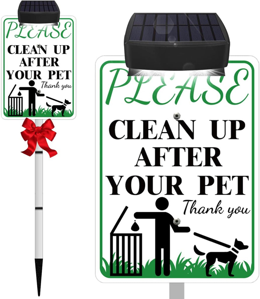 PLEASE CLEAN UP AFTER YOUR PET Sign with Solar Light for Home, Rechargeable LED Illuminated Aluminum Sign with Stake, Reflective Outside Security Sign Light Up For Houses