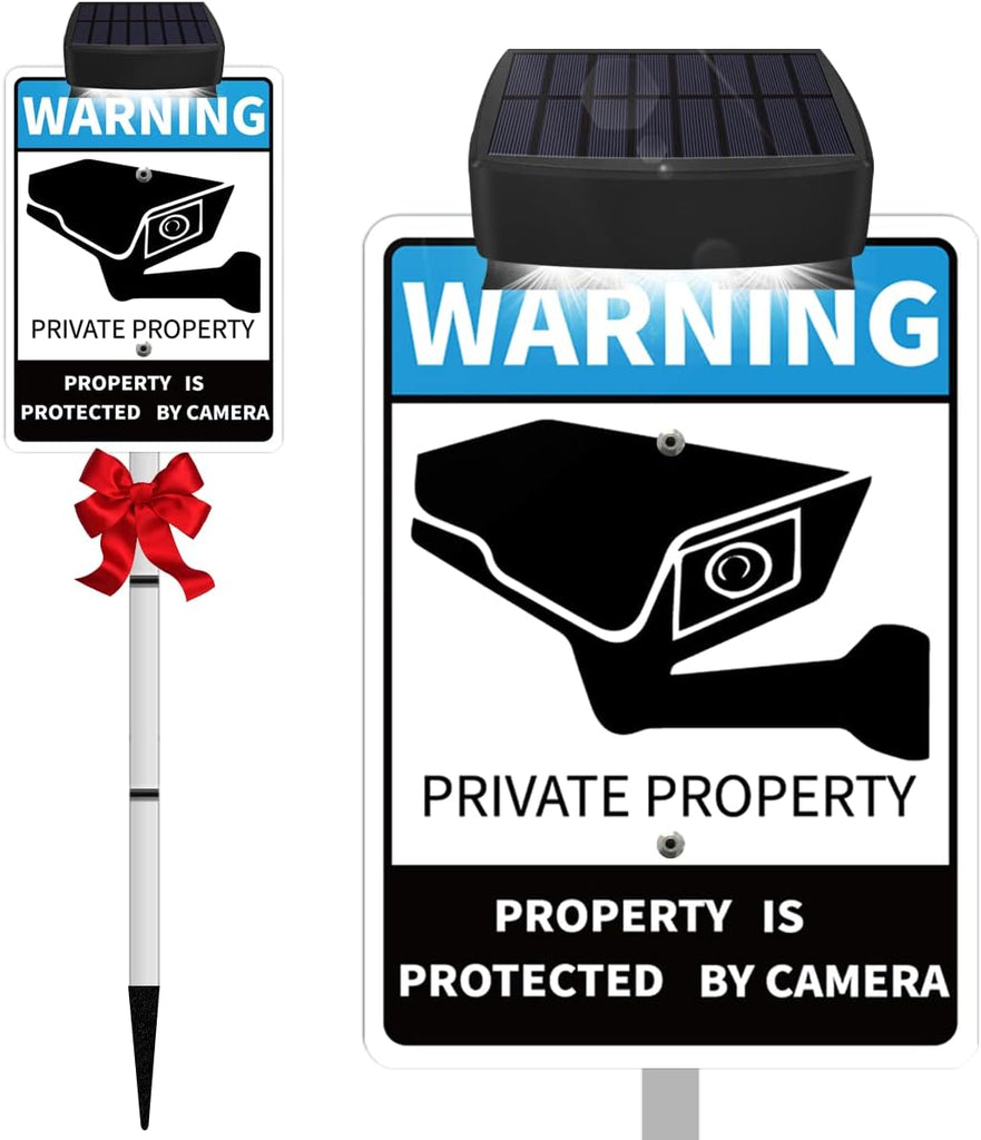 No SOLICITING Yard Warning Sign Solar Powered, Rechargeable LED Illuminated Aluminum Video Surveillance Sign with Stake, Reflective Outside Security Sign Light Up For Houses