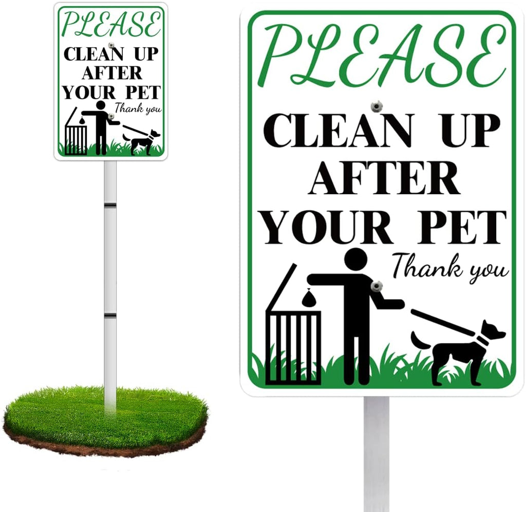 CLEAN UP AFTER OUR PETNO POOP Reflective Yard Warning Sign, Aluminum outdoor Security Sign with Stakes, Anti-UV, Rustproof, Waterproof, 9*7inch