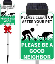 Load image into Gallery viewer, PLEASE CLEAN UP AFTER YOUR PET Yard Warning Sign Solar Powered, Rechargeable LED Illuminated Aluminum Sign with Stake, Reflective Outside Sign Light Up For Houses