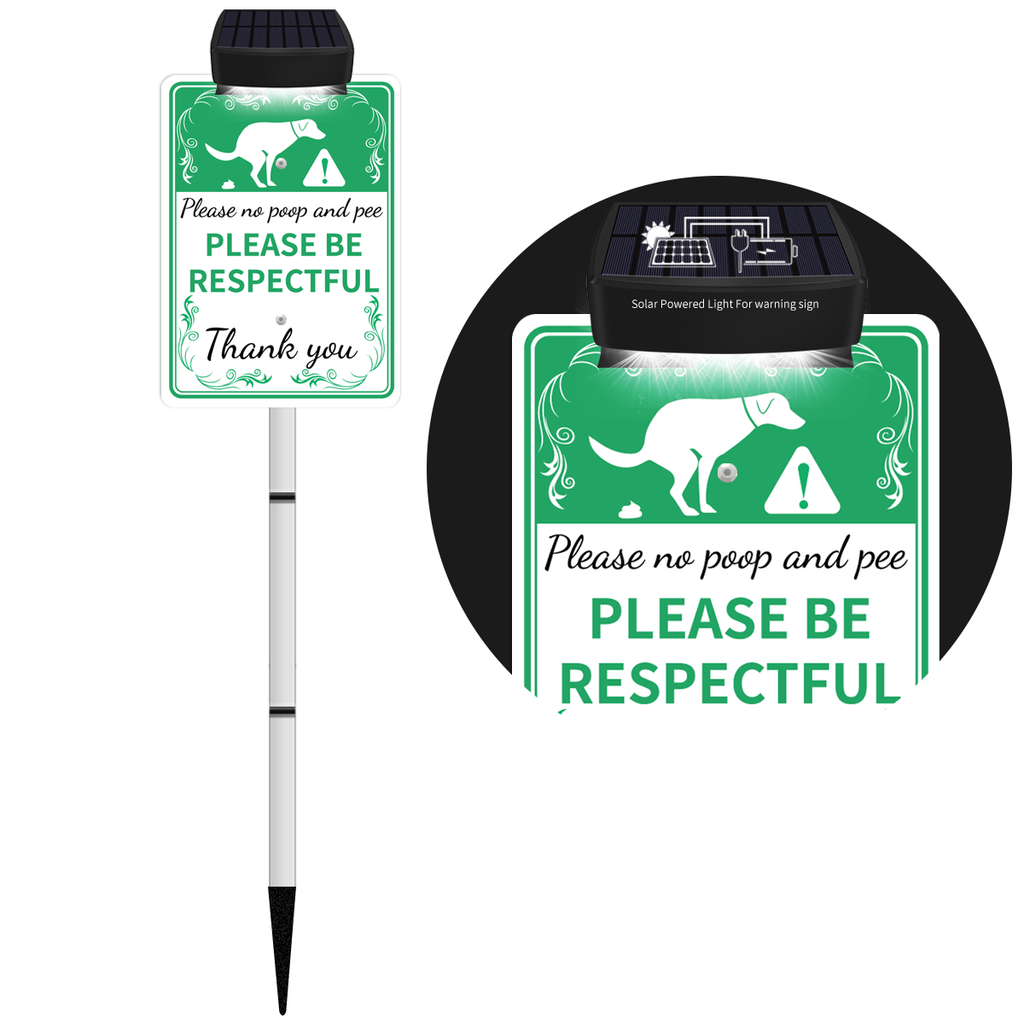 NO POOP Yard Warning Sign Solar Powered, Rechargeable LED Illuminated Aluminum Sign with Stake, Reflective Outside Sign Light Up For Houses