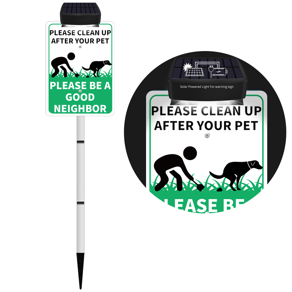 PLEASE CLEAN UP AFTER YOUR PET Yard Warning Sign Solar Powered, Rechargeable LED Illuminated Aluminum Sign with Stake, Reflective Outside Sign Light Up For Houses