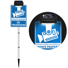 Load image into Gallery viewer, Solar No Trespassing Sign For Private Property, Video Surveillance Street Sign, Security Yard Signs metal, Aluminum Home Security Sign with Stakes, Camera, Beware, 10x7 Inch&quot;