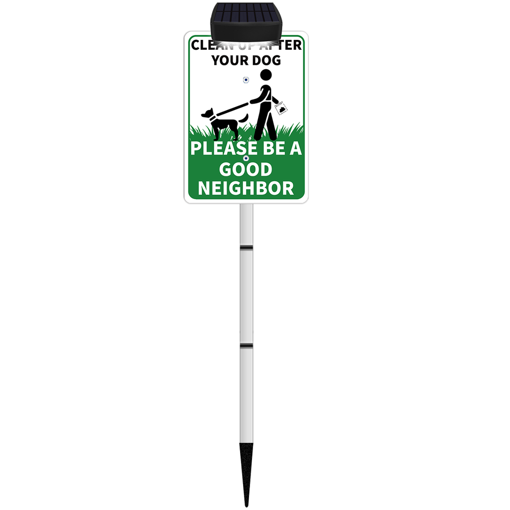 CLEAN UP AFTER YOUR PET Yard Warning Sign Solar Powered, Rechargeable LED Illuminated Aluminum Sign with Stake, Reflective Outside Sign Light Up For Houses