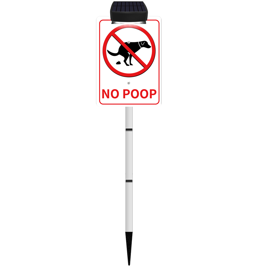 NO POOP Yard Warning Sign Solar Powered, Rechargeable LED Illuminated Aluminum Sign with Stake, Reflective Outside Sign Light Up For Houses