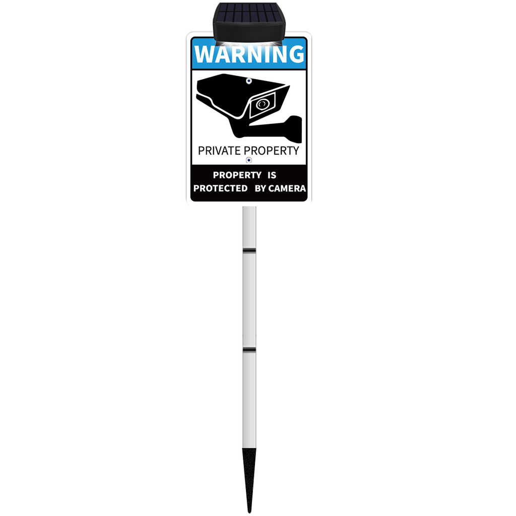 No SOLICITING Yard Warning Sign Solar Powered, Rechargeable LED Illuminated Aluminum Video Surveillance Sign with Stake, Reflective Outside Security Sign Light Up For Houses