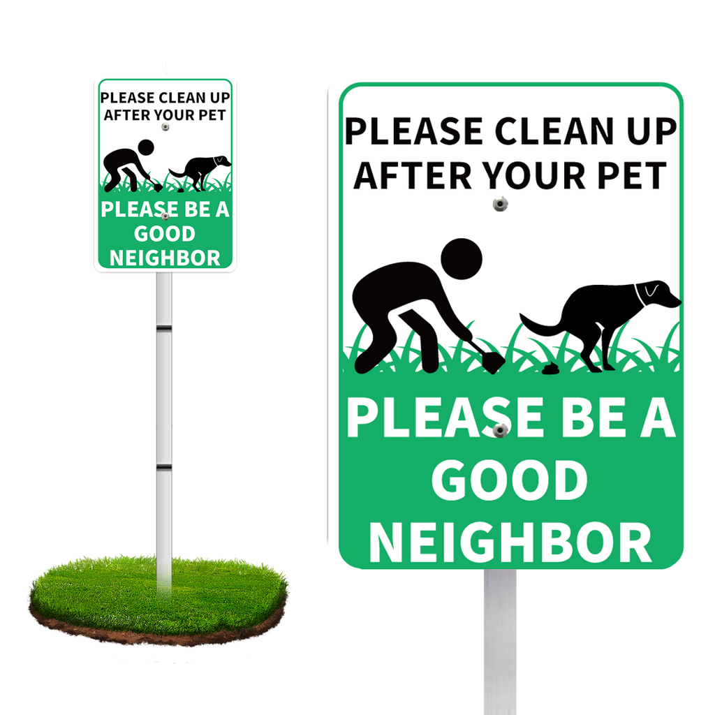 PLEASE CLEAN UP AFTER YOUR PET Reflective Yard Warning Sign, Aluminum outdoor Security Sign with Stakes, Anti-UV, Rustproof, Waterproof, 10 * 7inch