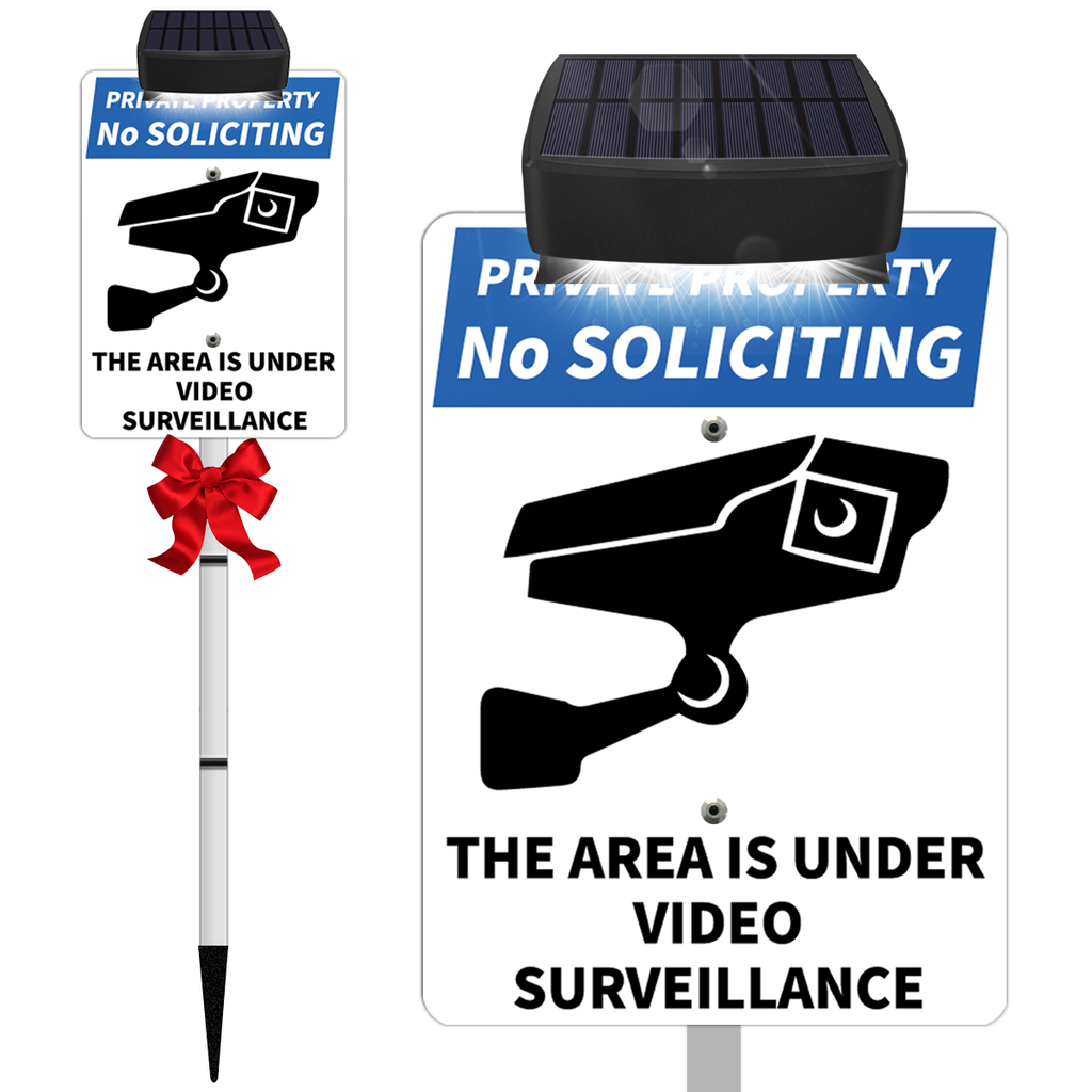 No SOLICITING Yard Warning Sign Solar Powered, Rechargeable LED Illuminated Aluminum Video Surveillance Sign with Stake, Reflective Outside Security Sign Light Up For Houses